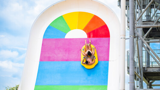 Guests on the rainbow slide at the Massanutten Outdoor WaterPark